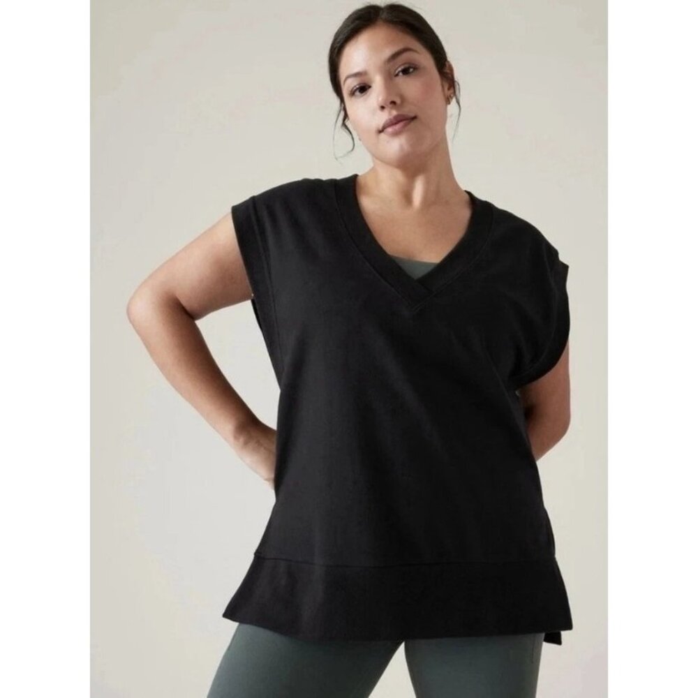 Athleta Retro Terry V Neck Black Sweatshirt Womens Large Minimalist